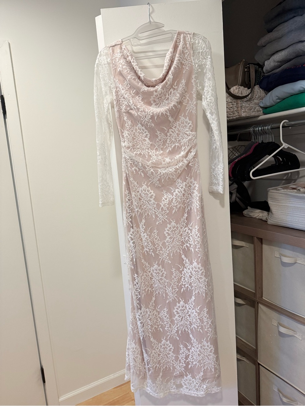 Selfie Leslie Elegant Long Sleeve Lace Overlay Dress in Blush